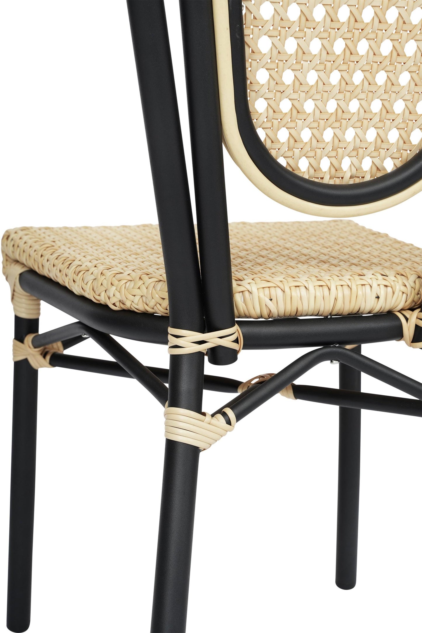 2 Pack Cannes Indoor/Outdoor Commercial Thonet Bistro Stacking Chair, Natural PE Cane Rattan and Black Aluminum Frame