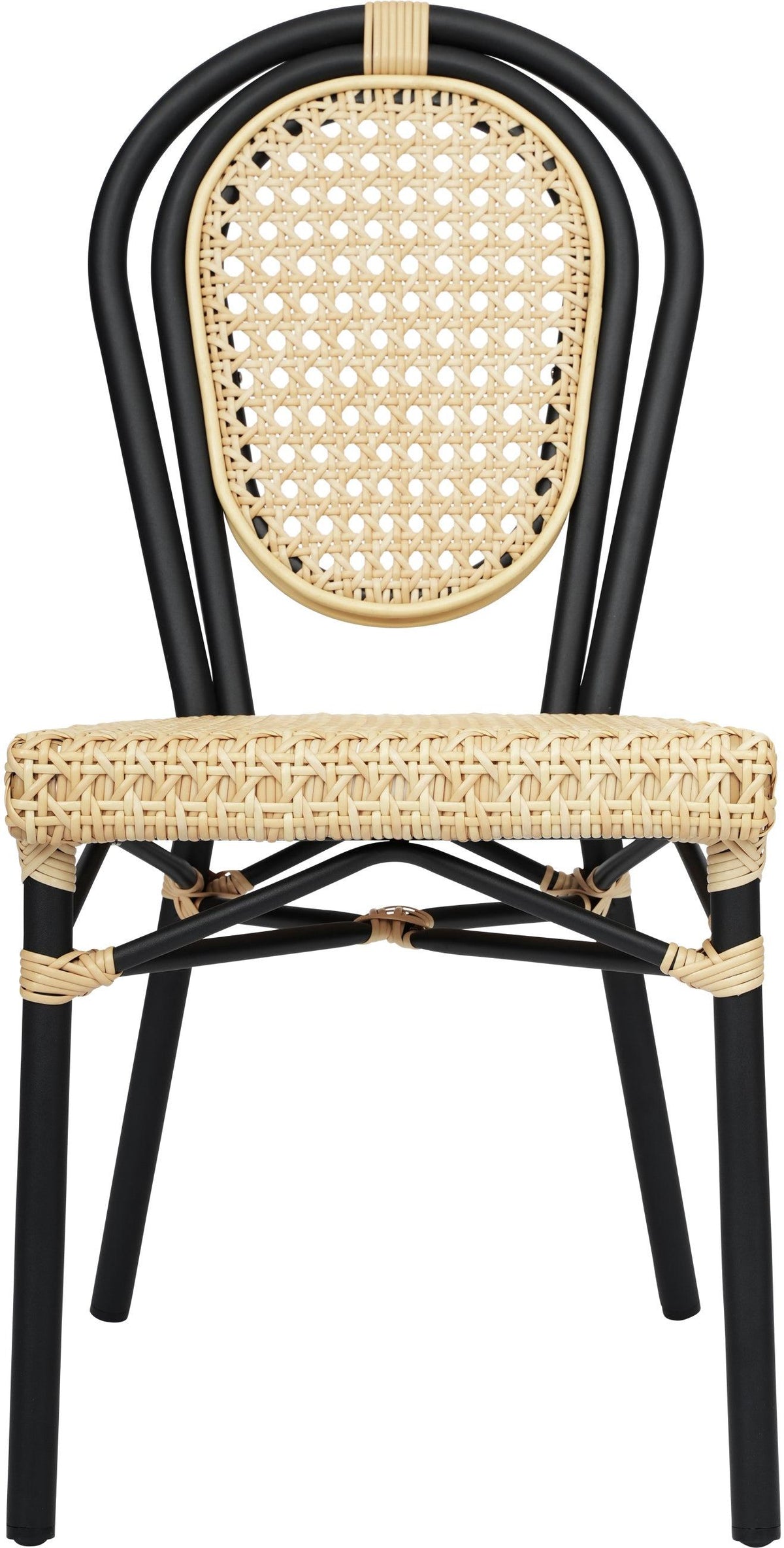 2 Pack Cannes Indoor/Outdoor Commercial Thonet Bistro Stacking Chair, Natural PE Cane Rattan and Black Aluminum Frame