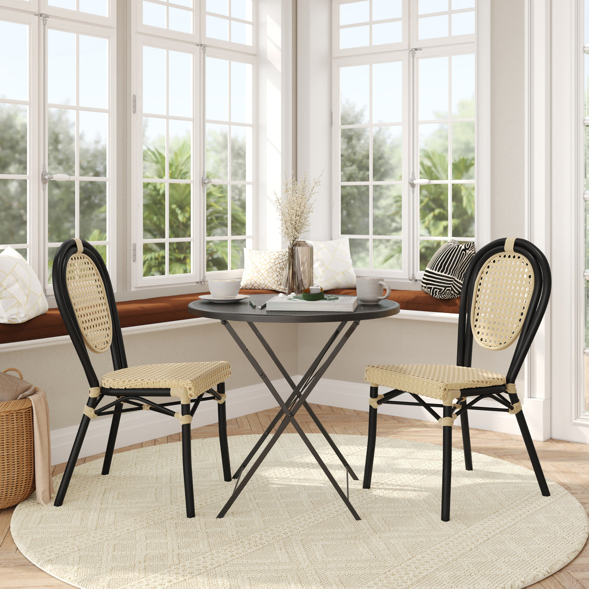 2 Pack Cannes Indoor/Outdoor Commercial Thonet Bistro Stacking Chair, Natural PE Cane Rattan and Black Aluminum Frame