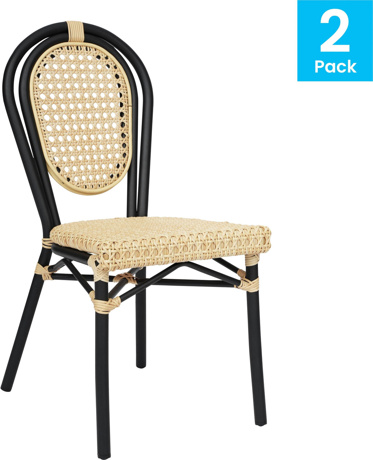 2 Pack Cannes Indoor/Outdoor Commercial Thonet Bistro Stacking Chair, Natural PE Cane Rattan and Black Aluminum Frame