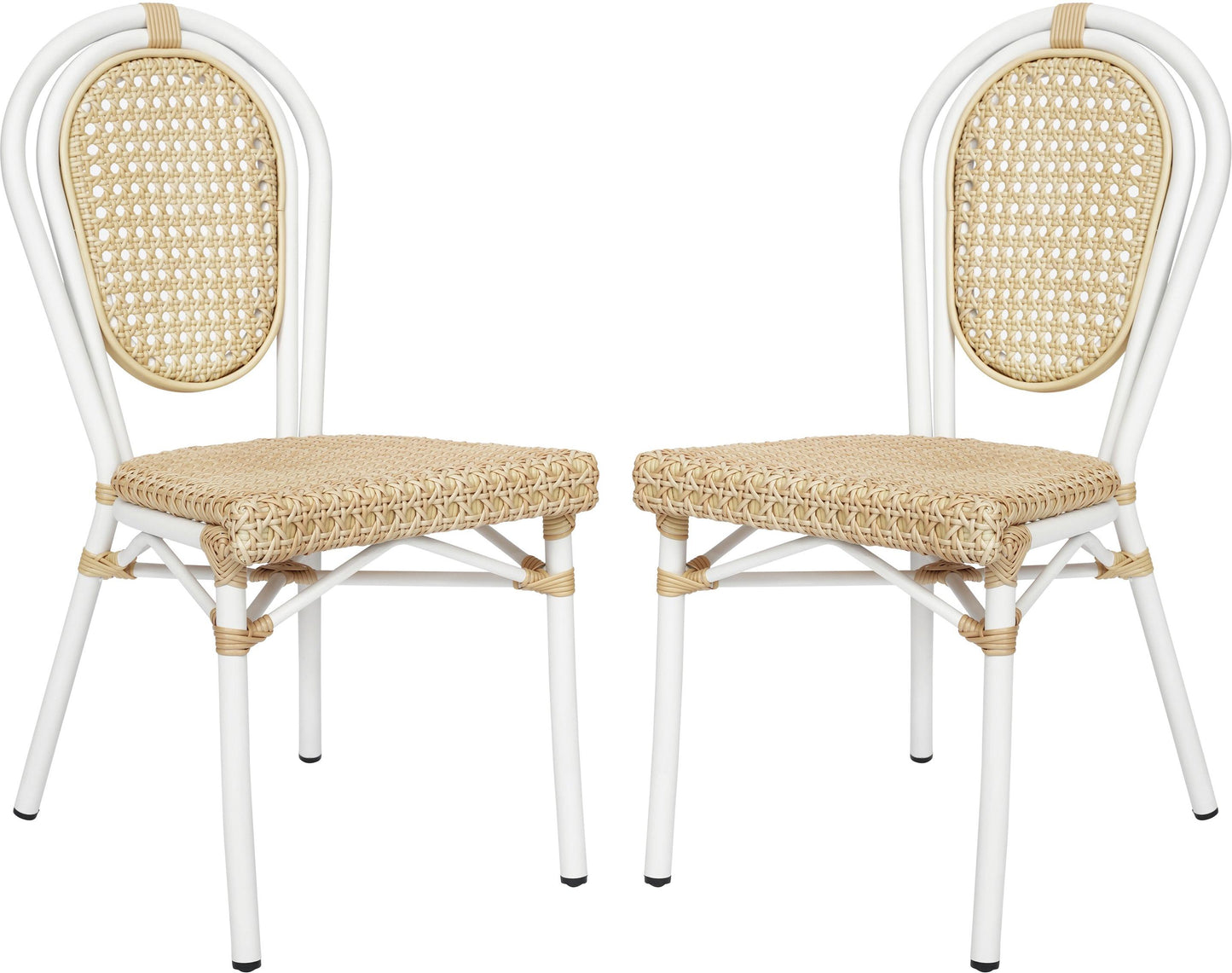 2 Pack Cannes Indoor/Outdoor Commercial Thonet Bistro Stacking Chair, Natural PE Cane Rattan and White Aluminum Frame