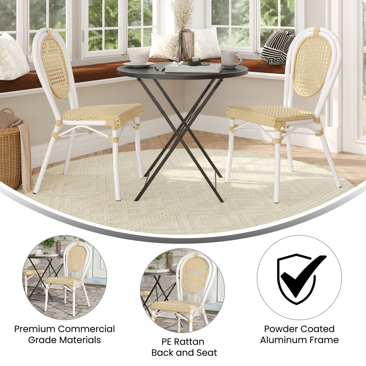 2 Pack Cannes Indoor/Outdoor Commercial Thonet Bistro Stacking Chair, Natural PE Cane Rattan and White Aluminum Frame