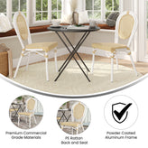 2 Pack Cannes Indoor/Outdoor Commercial Thonet Bistro Stacking Chair, Natural PE Cane Rattan and White Aluminum Frame