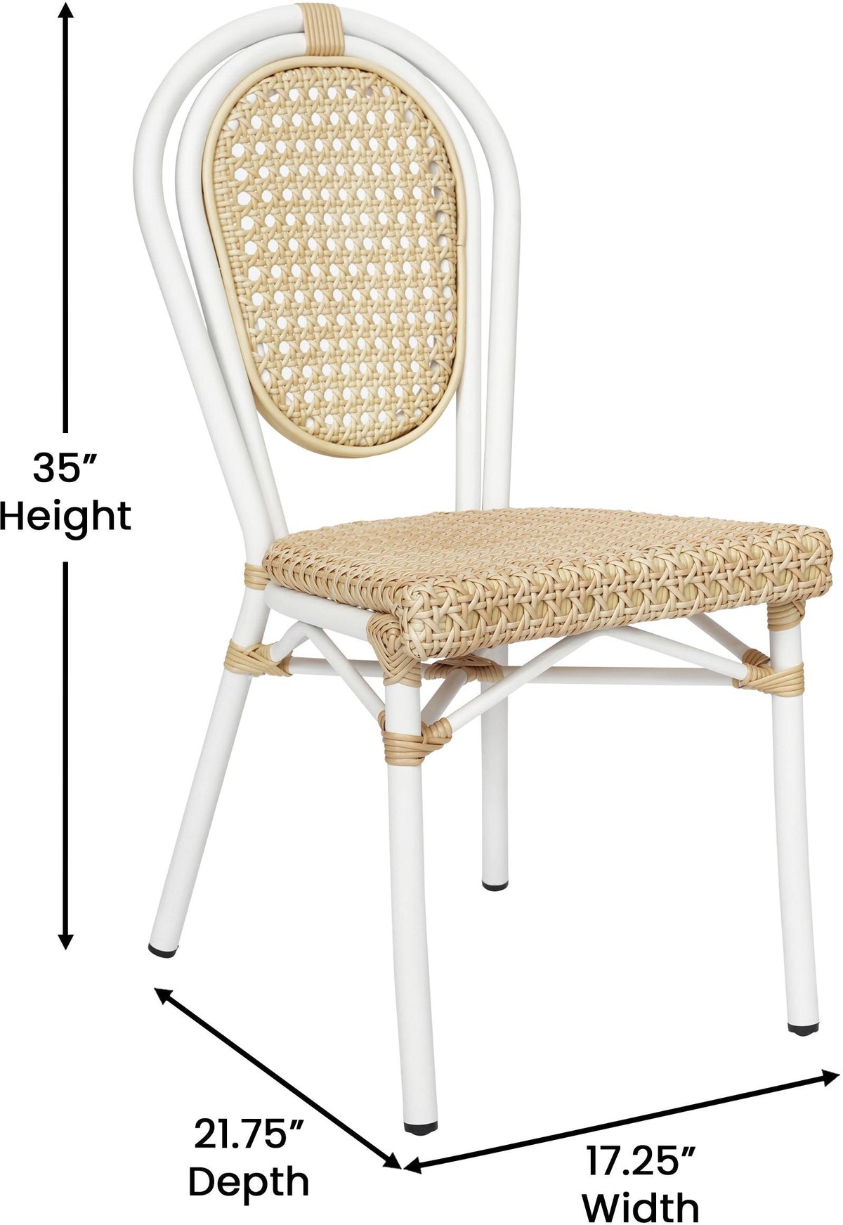 2 Pack Cannes Indoor/Outdoor Commercial Thonet Bistro Stacking Chair, Natural PE Cane Rattan and White Aluminum Frame