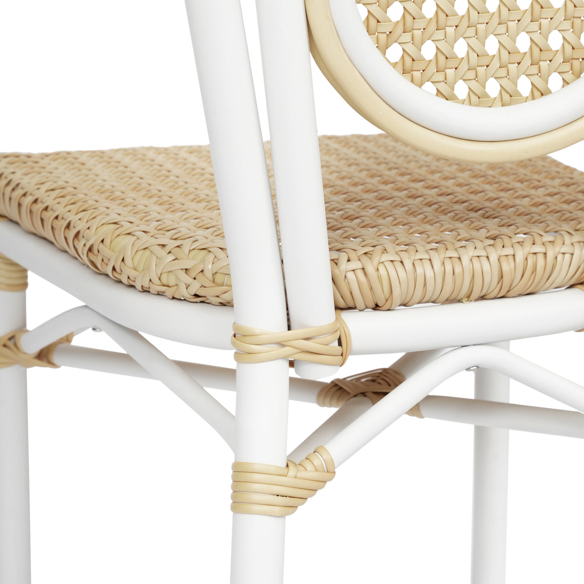 2 Pack Cannes Indoor/Outdoor Commercial Thonet Bistro Stacking Chair, Natural PE Cane Rattan and White Aluminum Frame