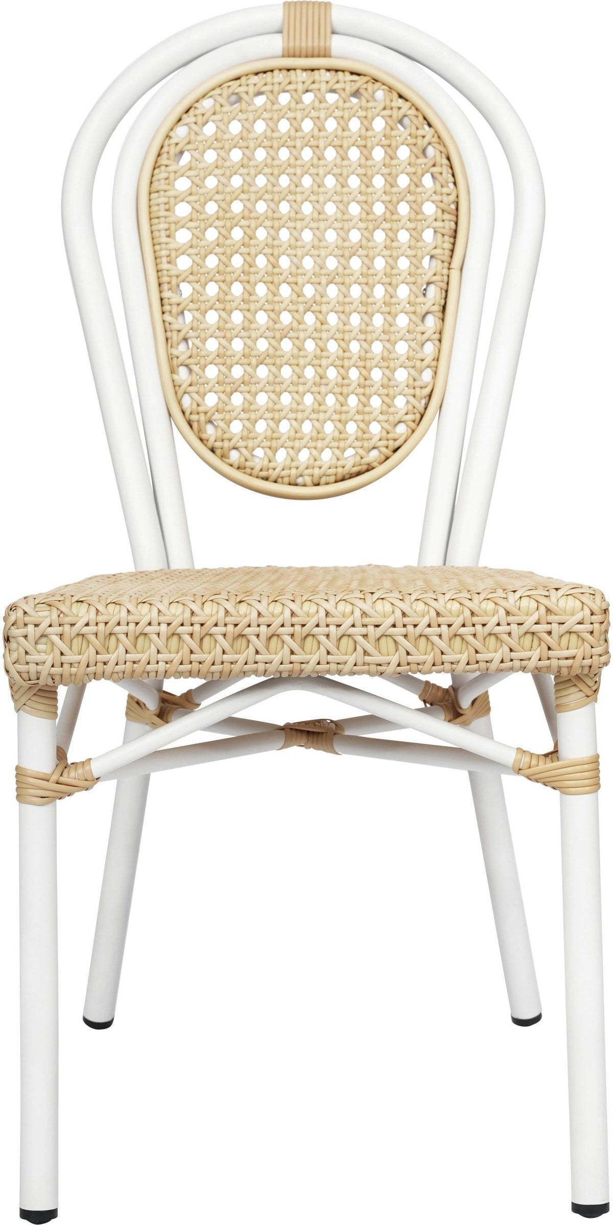2 Pack Cannes Indoor/Outdoor Commercial Thonet Bistro Stacking Chair, Natural PE Cane Rattan and White Aluminum Frame