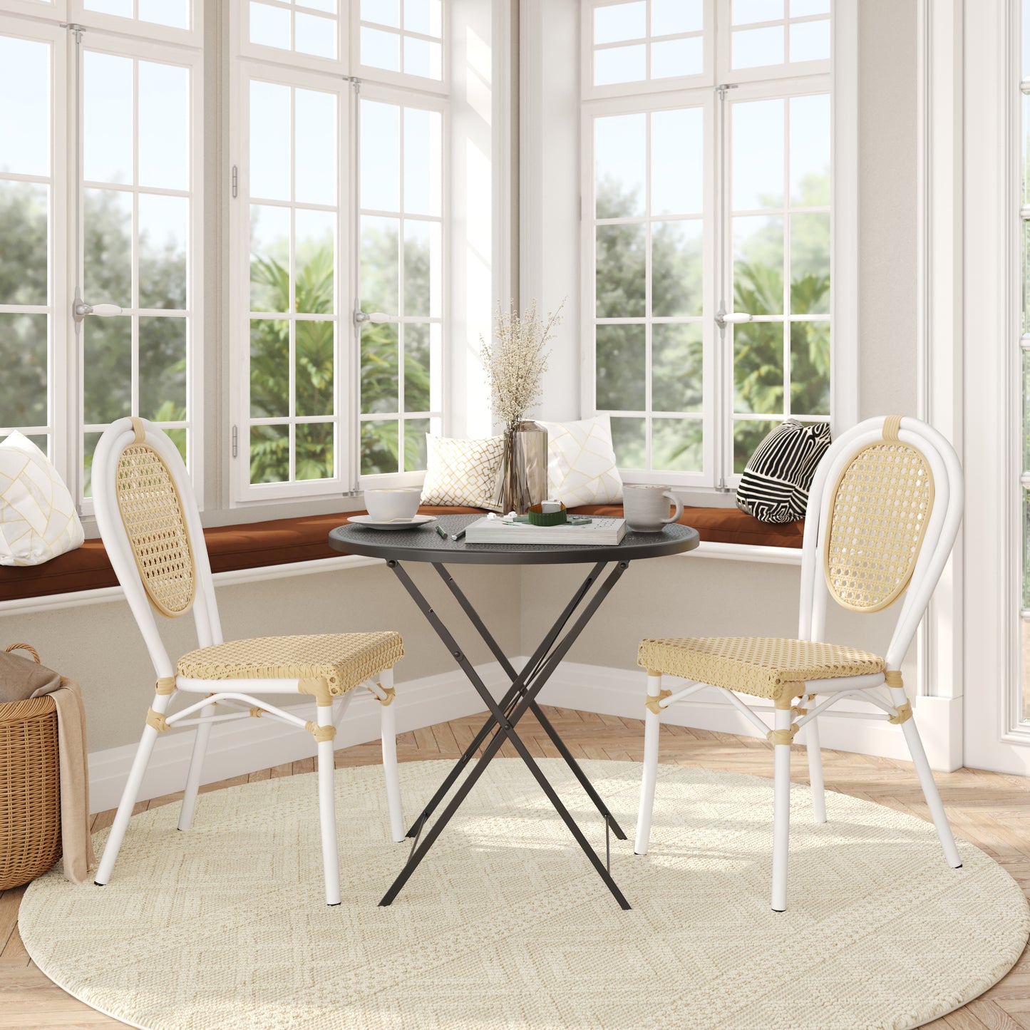 2 Pack Cannes Indoor/Outdoor Commercial Thonet Bistro Stacking Chair, Natural PE Cane Rattan and White Aluminum Frame