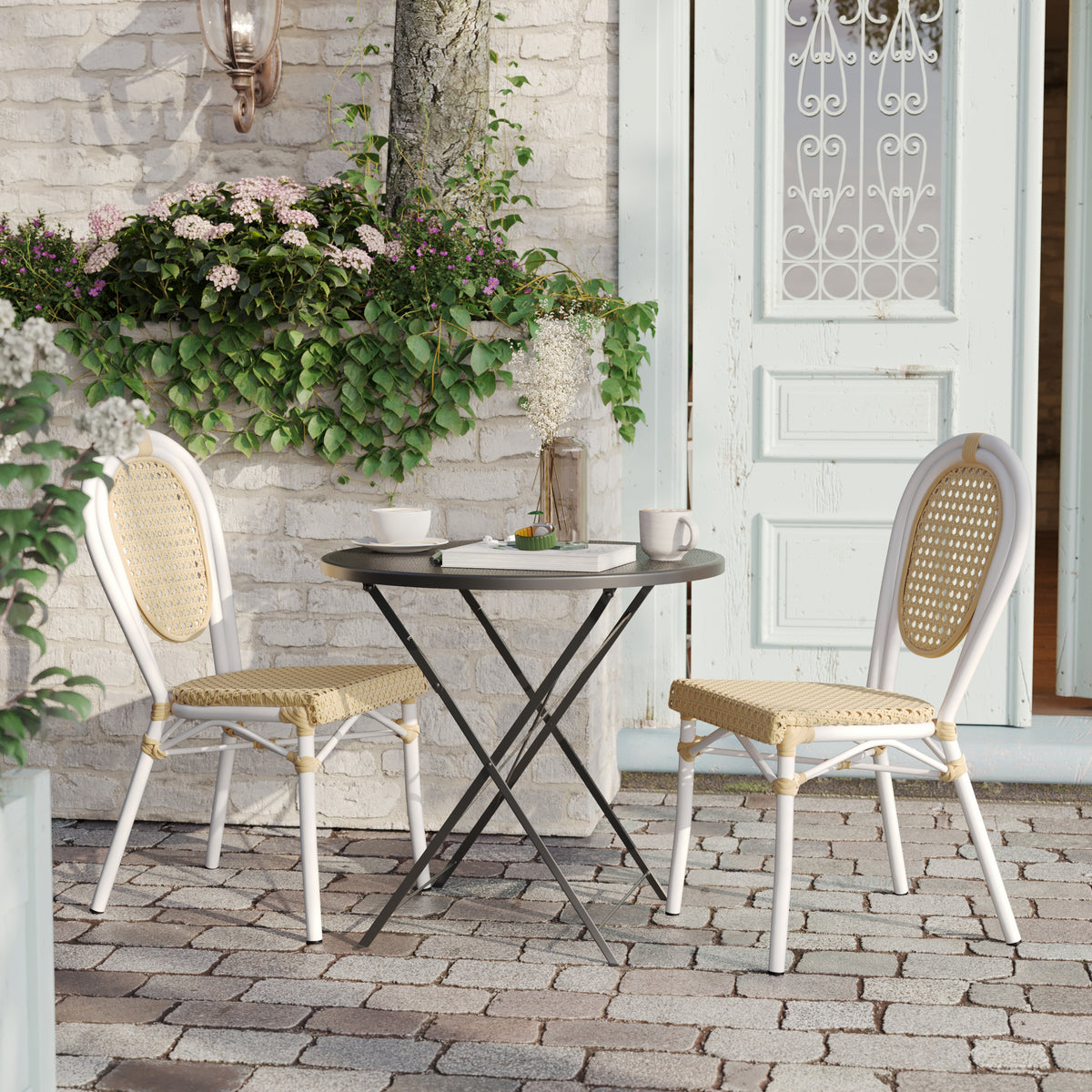 2 Pack Cannes Indoor/Outdoor Commercial Thonet Bistro Stacking Chair, Natural PE Cane Rattan and White Aluminum Frame