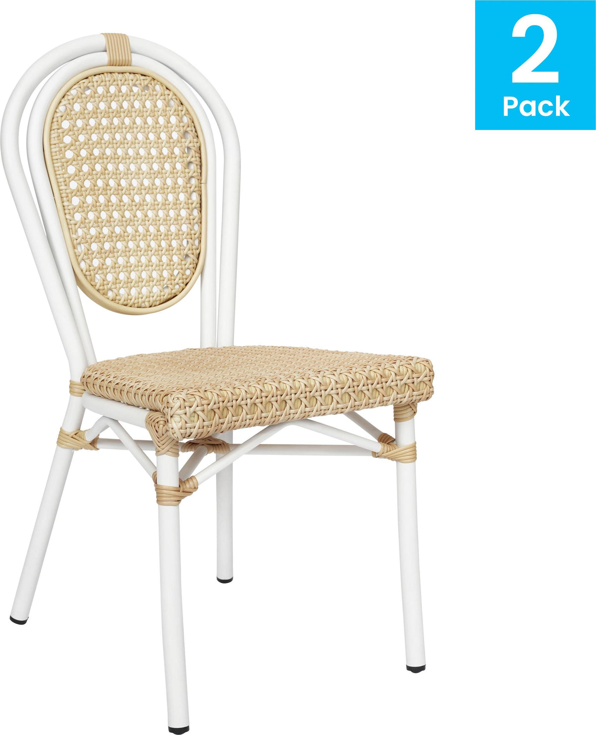 2 Pack Cannes Indoor/Outdoor Commercial Thonet Bistro Stacking Chair, Natural PE Cane Rattan and White Aluminum Frame