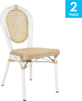 2 Pack Cannes Indoor/Outdoor Commercial Thonet Bistro Stacking Chair, Natural PE Cane Rattan and White Aluminum Frame