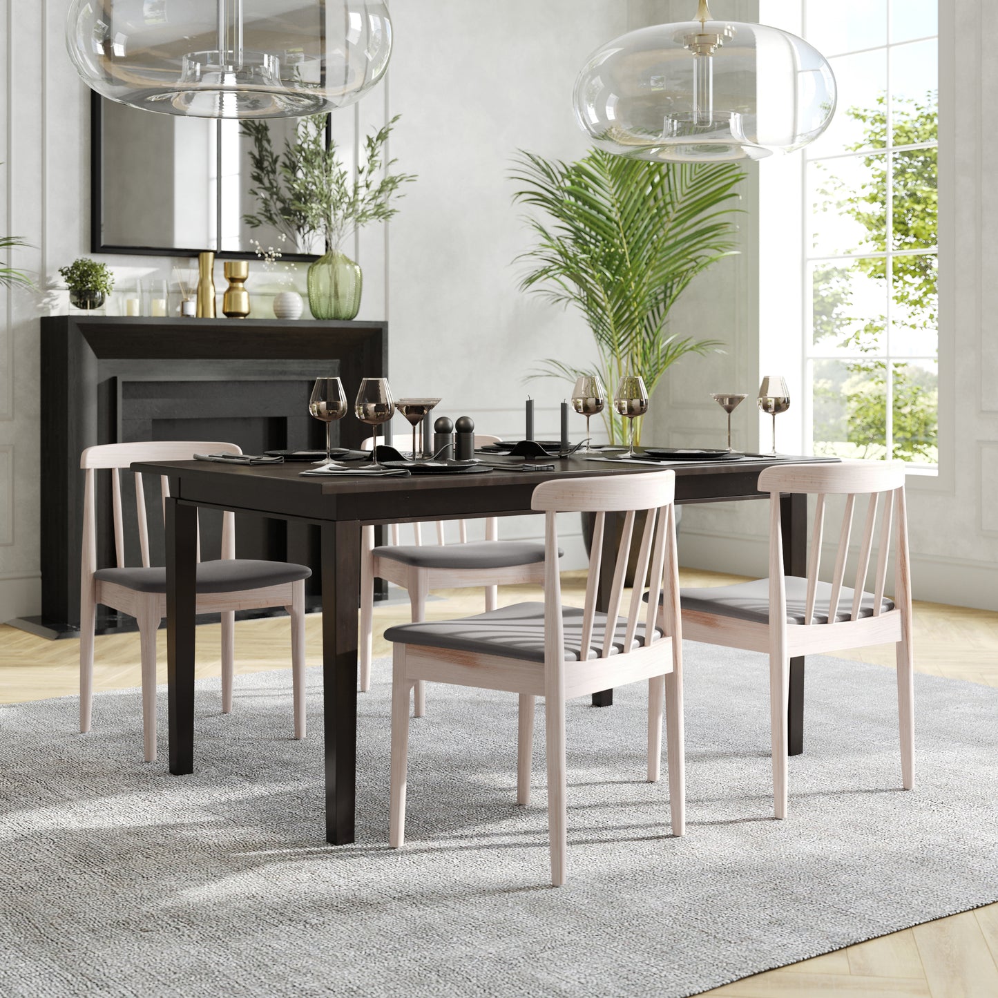 Chester Set of 2 Commercial Grade Solid Wood Antique White Dining Chairs with Curved Spindle Backrests and Beige Vinyl Seats
