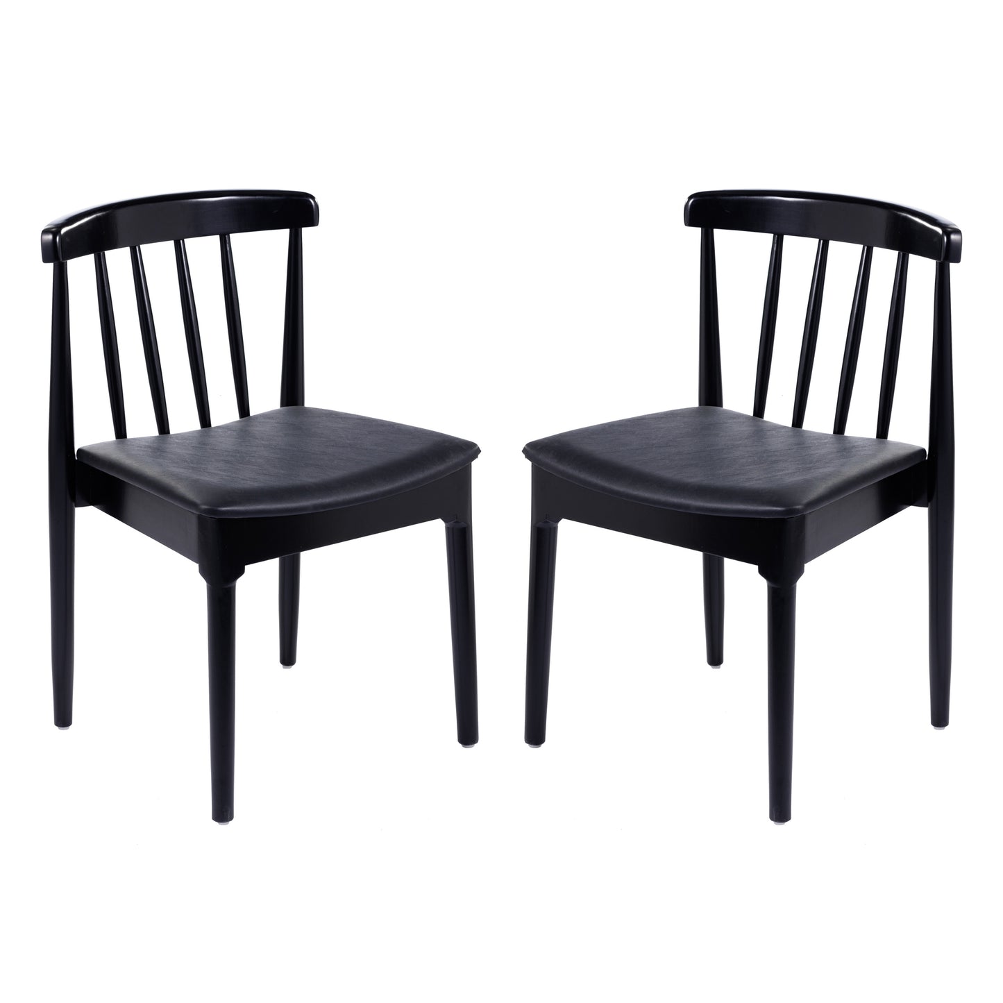 Chester Set of 2 Commercial Grade Solid Wood Black Dining Chairs with Curved Spindle Backrests and Black Vinyl Seats