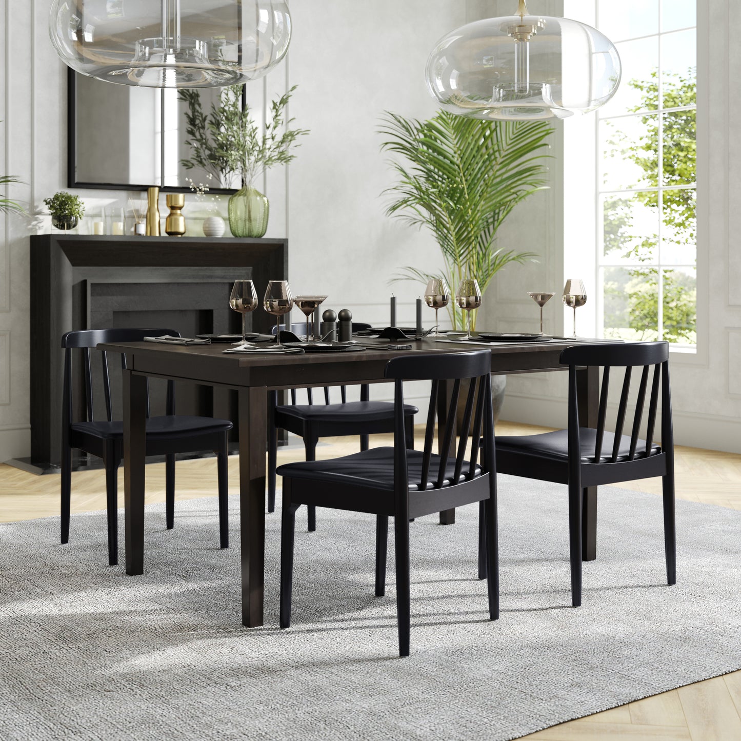 Chester Set of 2 Commercial Grade Solid Wood Black Dining Chairs with Curved Spindle Backrests and Black Vinyl Seats