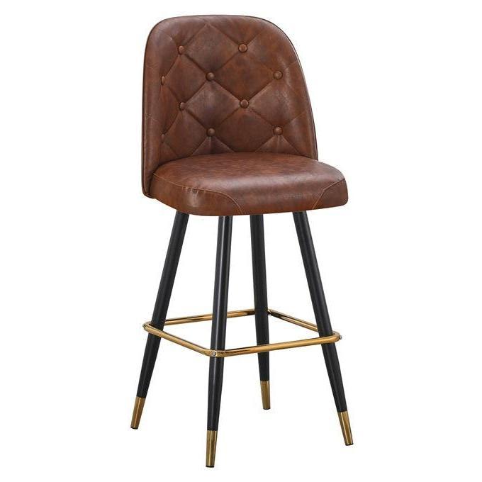 Swivel Metal Barstool with Brown Tufted Seat and Black Frame with Gold Footrest