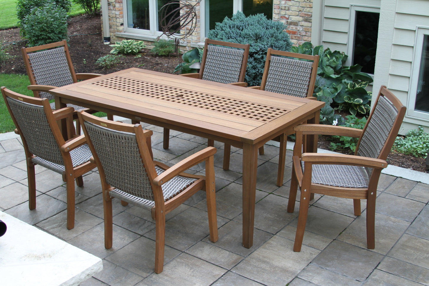 Grey Stackable Outdoor Wicker and Eucalyptus Arm Chair