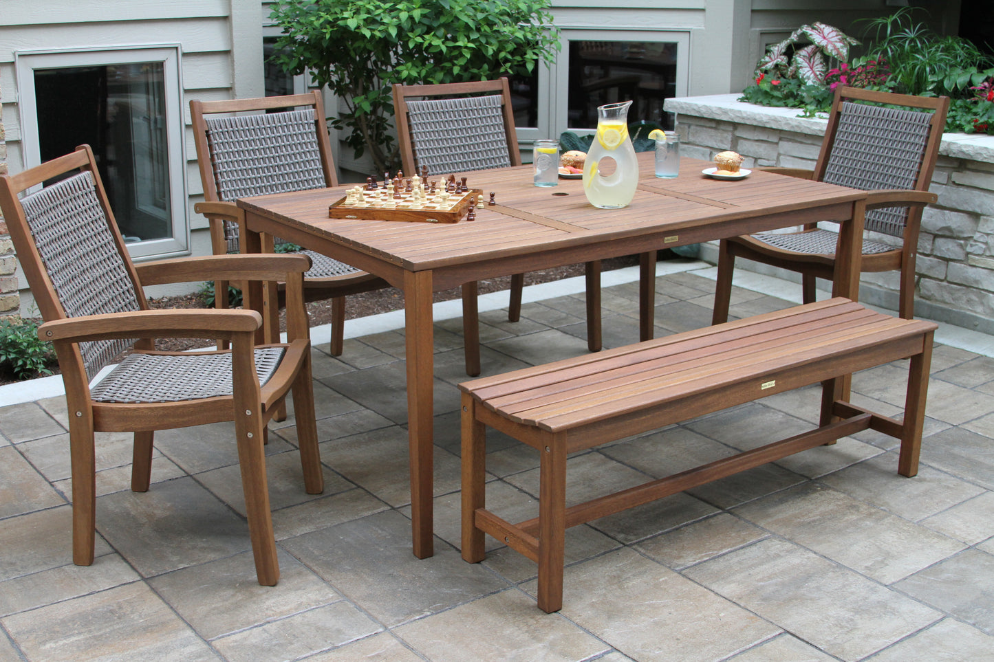 Grey Stackable Outdoor Wicker and Eucalyptus Arm Chair