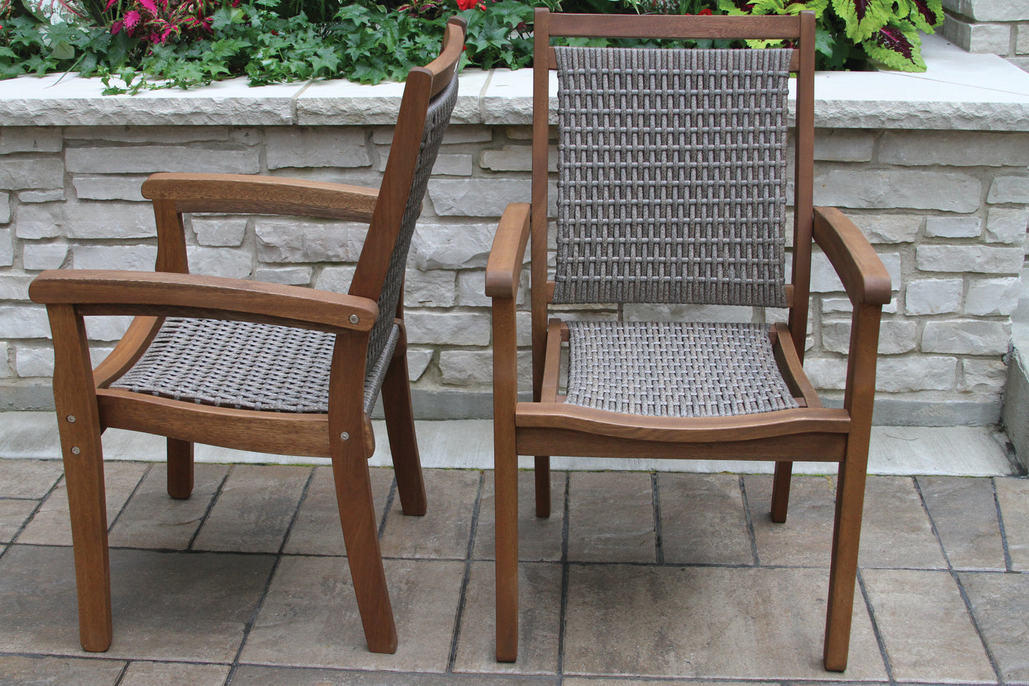 Grey Stackable Outdoor Wicker and Eucalyptus Arm Chair