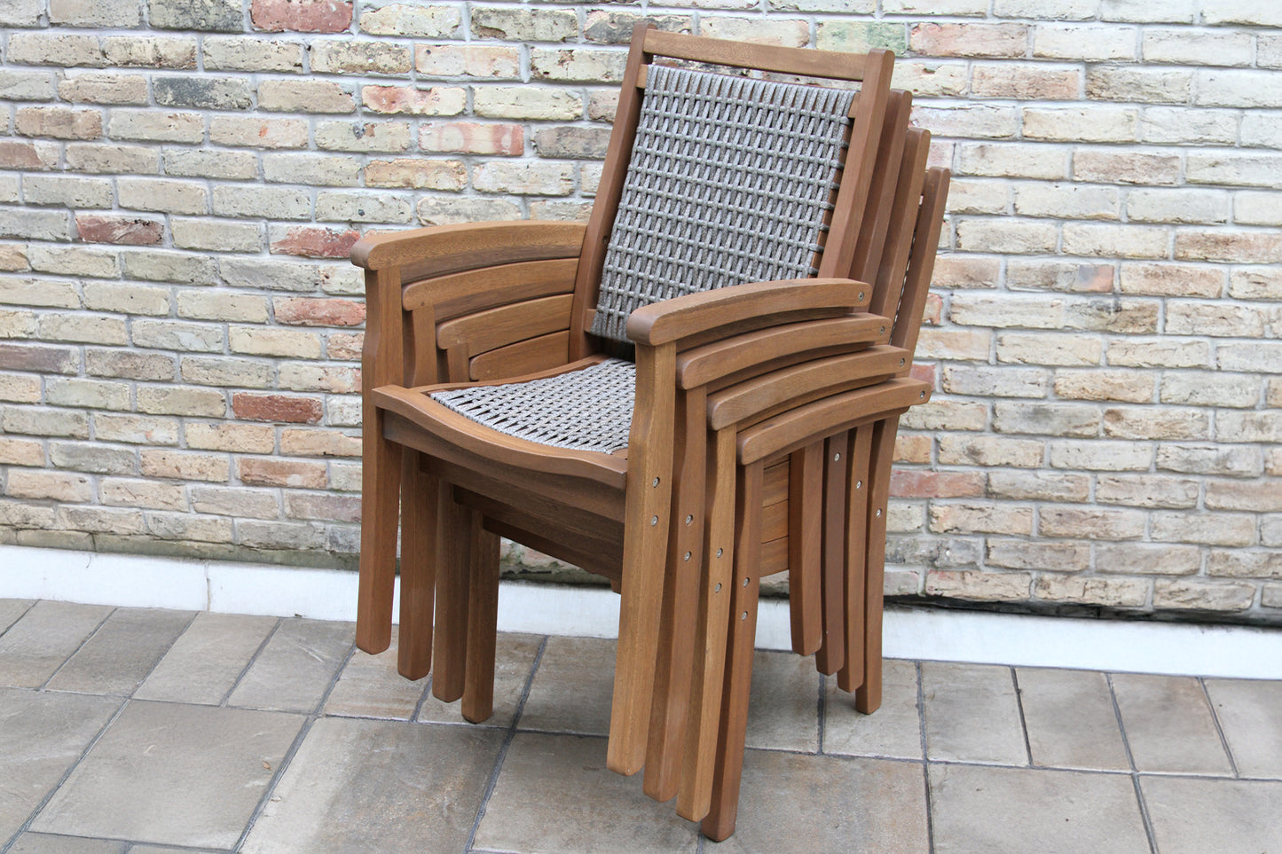Grey Stackable Outdoor Wicker and Eucalyptus Arm Chair