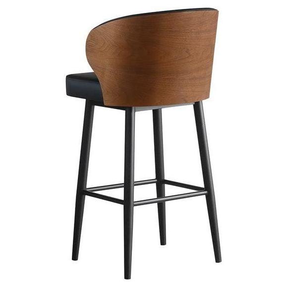 Mid Century Modern Curved Black Steel Bar Stool with Wood Grain Back & Vinyl Upholstery