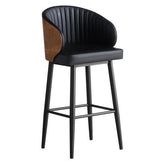 Mid Century Modern Curved Black Steel Bar Stool with Wood Grain Back & Vinyl Upholstery