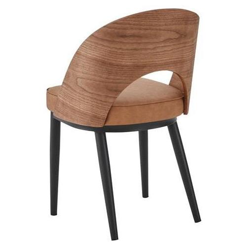 Indoor Metal Dining Chair with Curved Wood Back and Light Brown Cushioned Seat