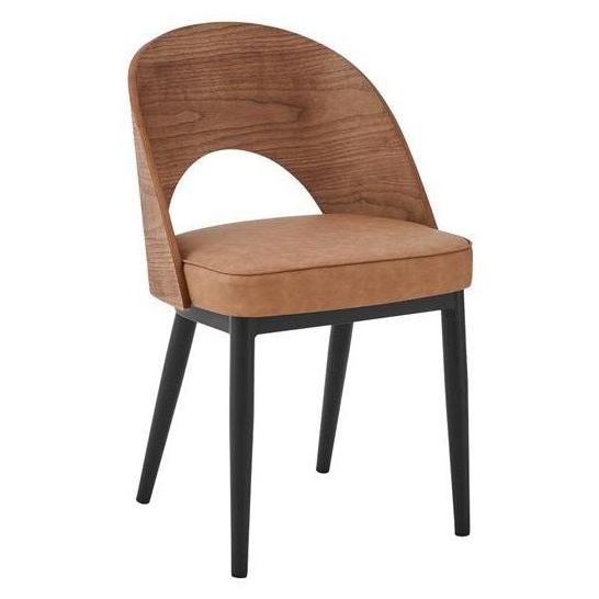 Indoor Metal Dining Chair with Curved Wood Back and Light Brown Cushioned Seat