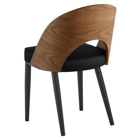 Indoor Metal Dining Chair with Curved Wood Back and Black Cushioned Seat