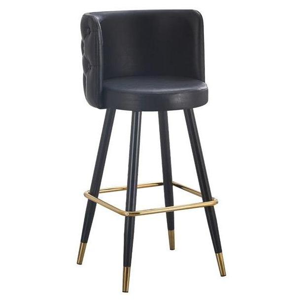 Button Tufted Metal Bar Stool with Black Vinyl Seat and Gold-Tipped Legs