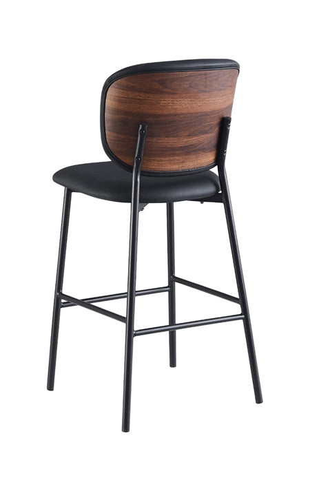 Modern Black Metal Bar Stool with Rounded Veneer Back and Padded Seat