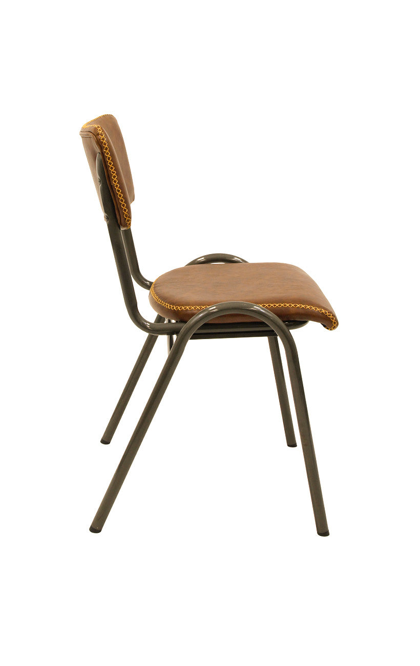 Lennox Industrial Metal Dining Chair with Brown Upholstered Seat and Back