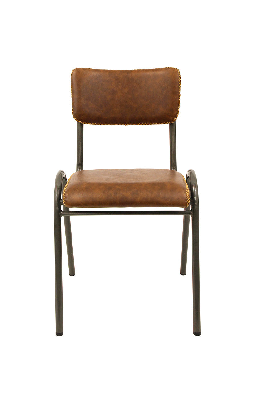 Lennox Industrial Metal Dining Chair with Brown Upholstered Seat and Back