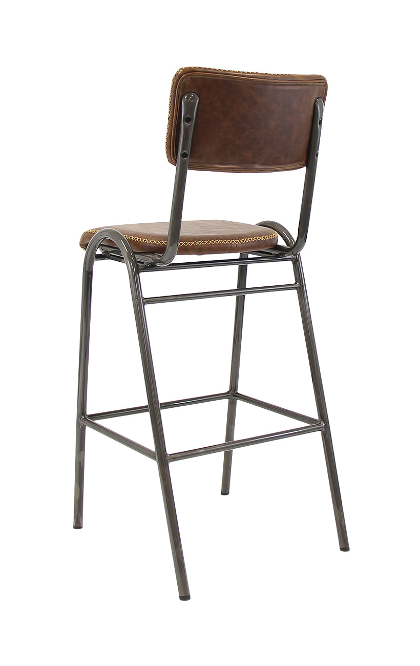 Lennox Industrial Metal Bar Stool with Brown Upholstered Seat and Back