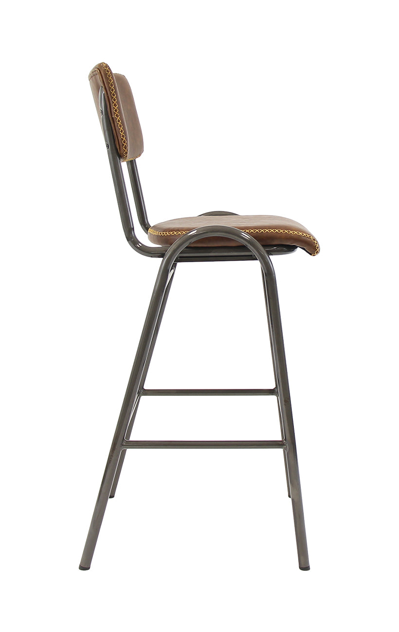 Lennox Industrial Metal Bar Stool with Brown Upholstered Seat and Back