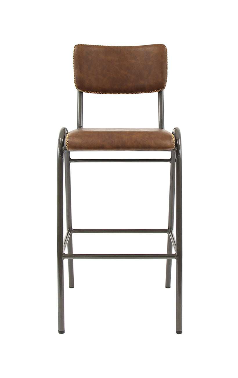 Lennox Industrial Metal Bar Stool with Brown Upholstered Seat and Back