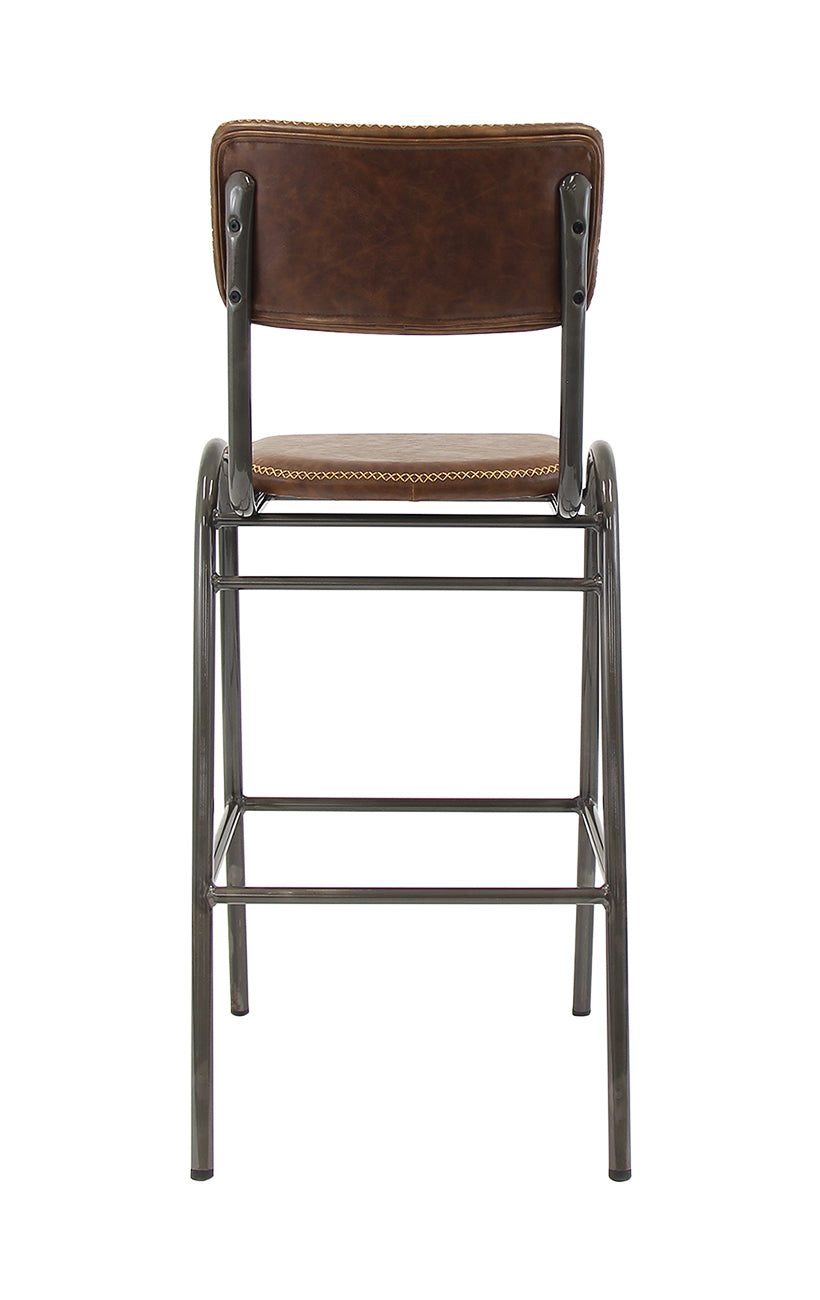 Lennox Industrial Metal Bar Stool with Brown Upholstered Seat and Back