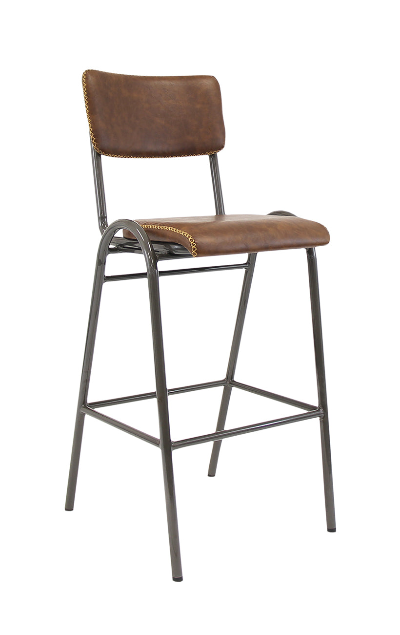 Lennox Industrial Metal Bar Stool with Brown Upholstered Seat and Back