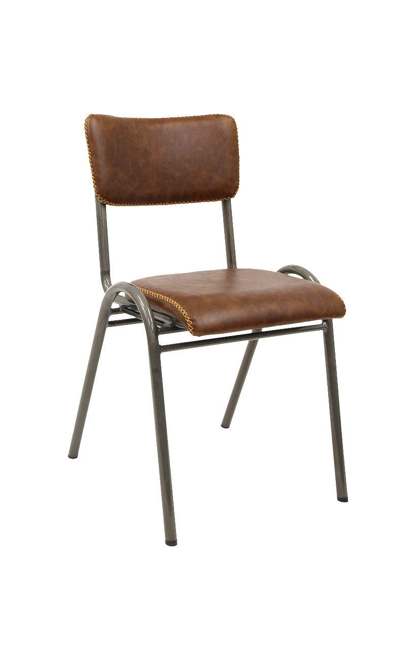 Lennox Industrial Metal Dining Chair with Brown Upholstered Seat and Back