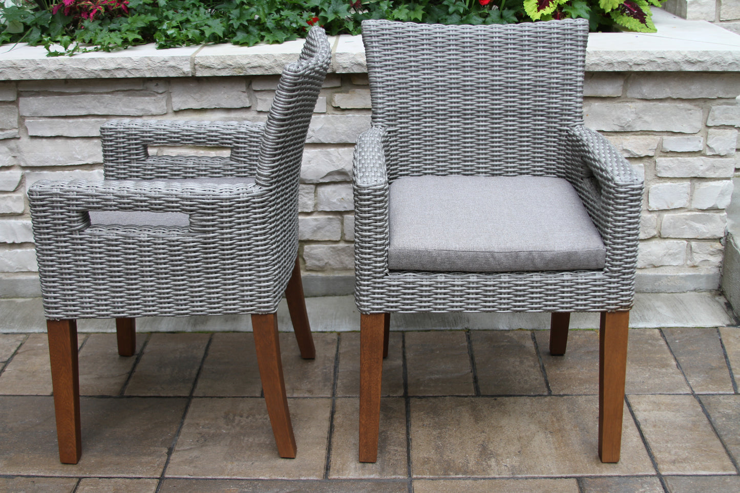 Eucalyptus and Light Grey Outdoor Wicker Arm Chair w Handles