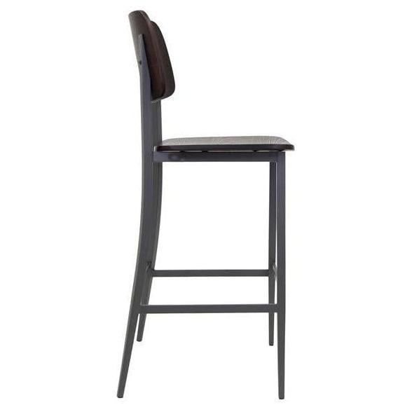 Denton Black Metal Bar Stool with Walnut Veneer Seat and Back