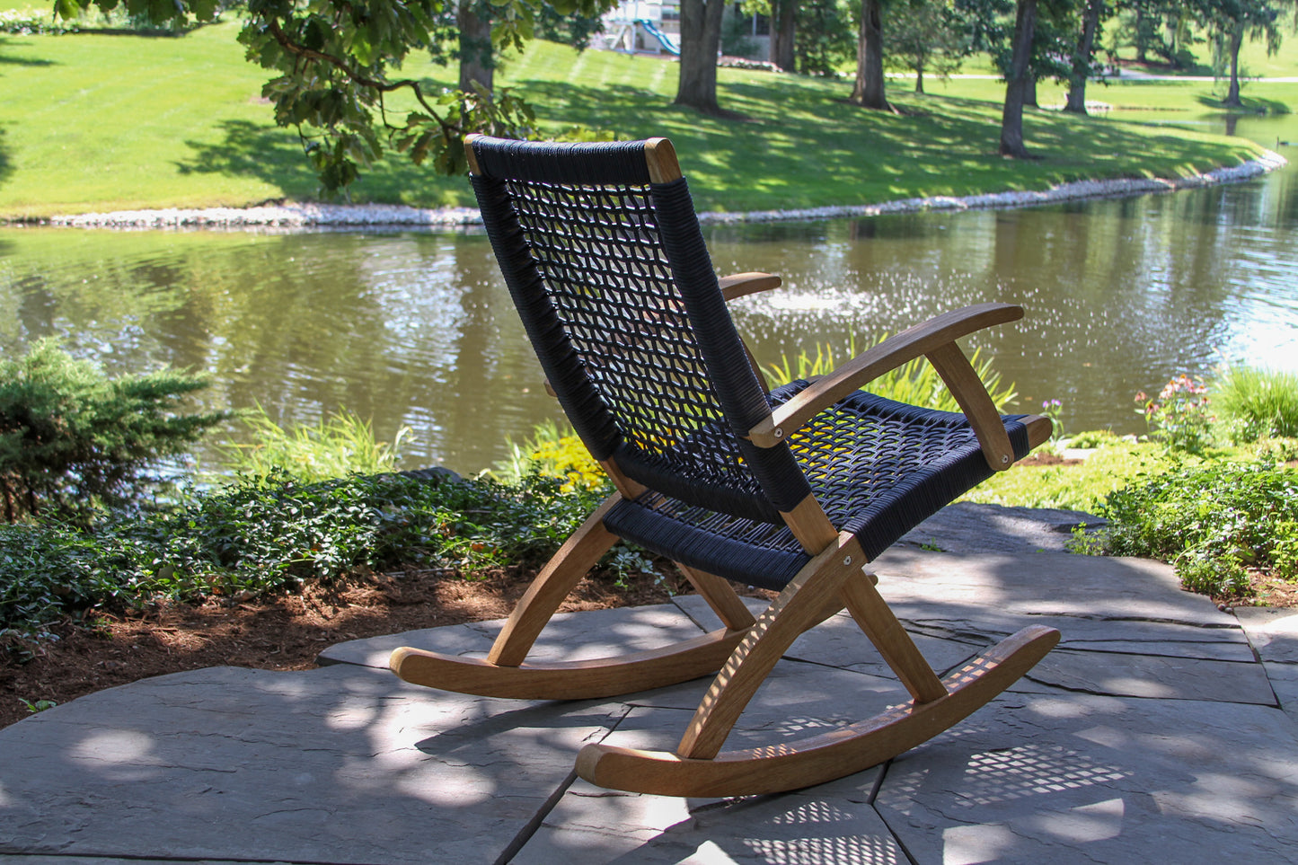 Antique Wash Outdoor Eucalyptus and Blue Rope Modern Rocking Chair