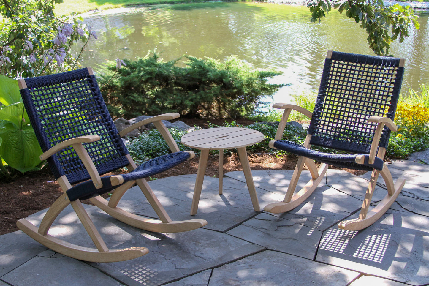 Antique Wash Outdoor Eucalyptus and Blue Rope Modern Rocking Chair