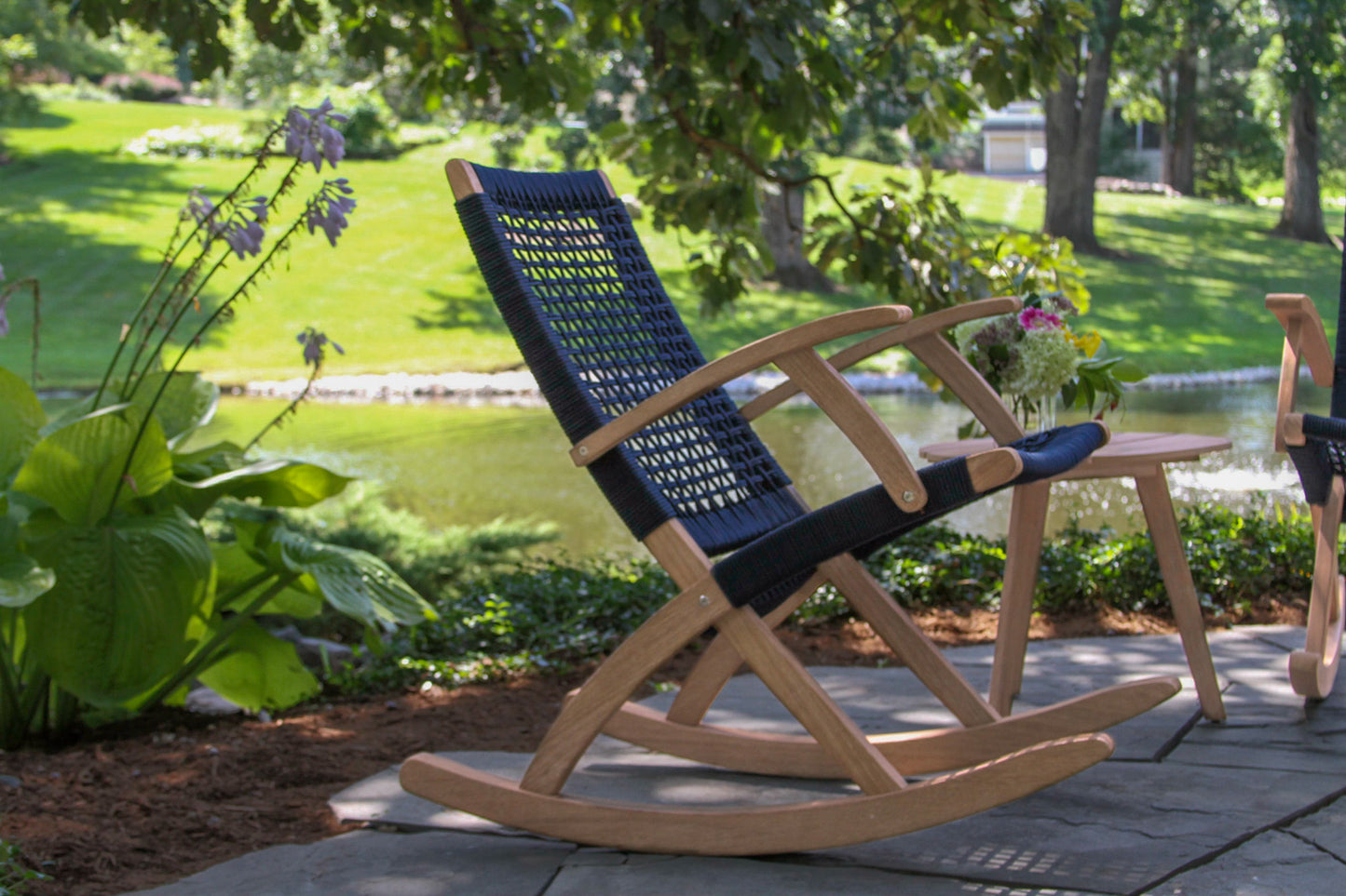 Antique Wash Outdoor Eucalyptus and Blue Rope Modern Rocking Chair