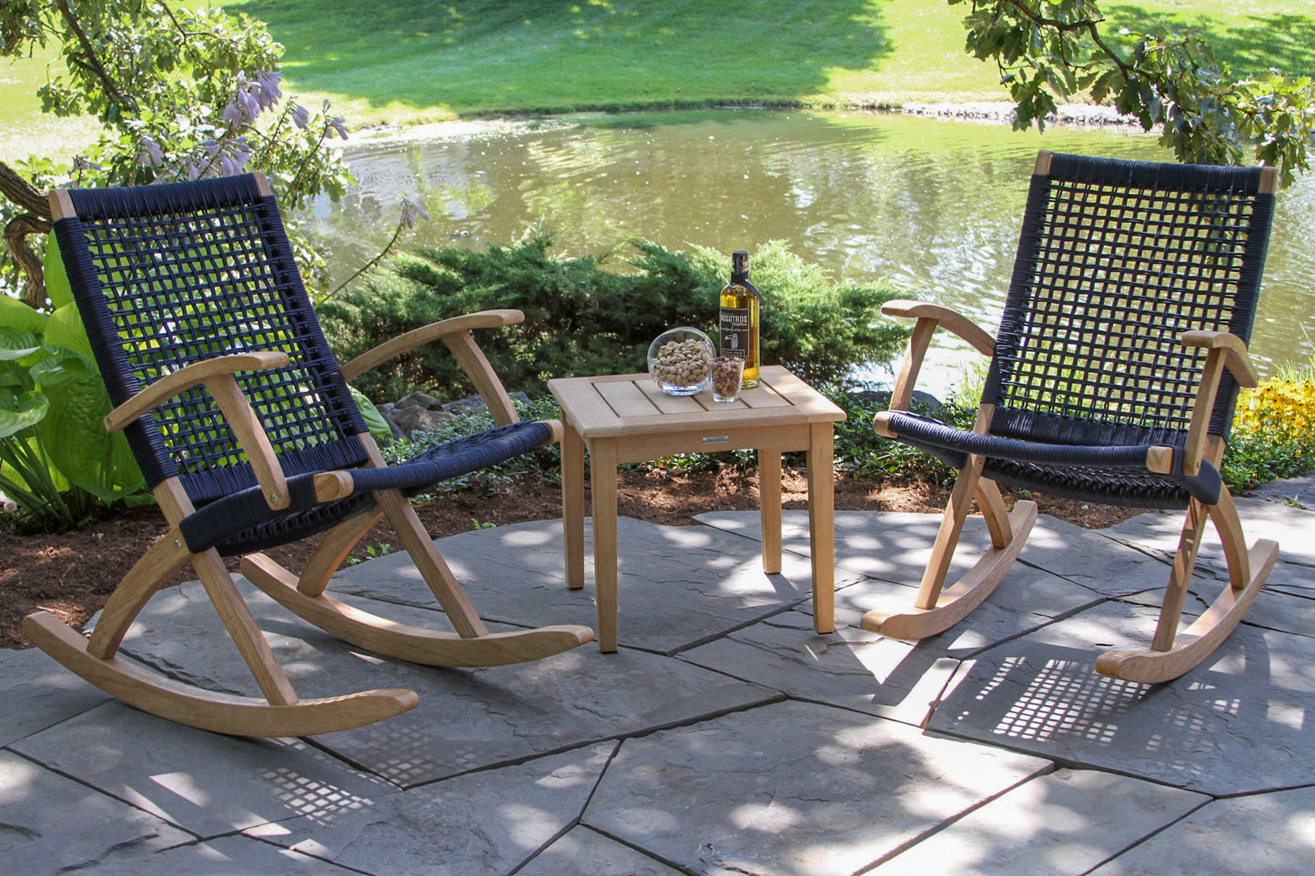 Antique Wash Outdoor Eucalyptus and Blue Rope Modern Rocking Chair