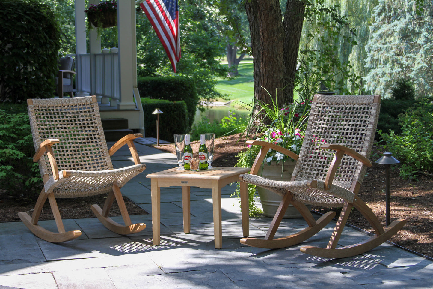 Antique Wash Outdoor Eucalyptus and Wheat Rope Modern Rocking Chair