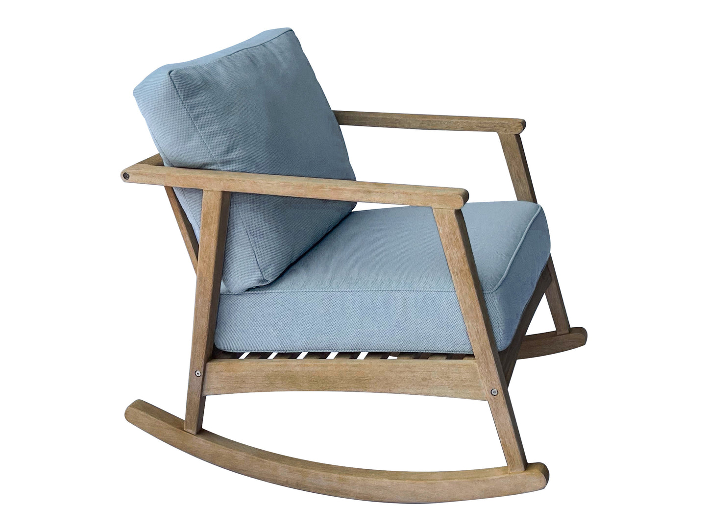 Antique Wash Outdoor Eucalyptus Rocking Chair w Blue Cushions