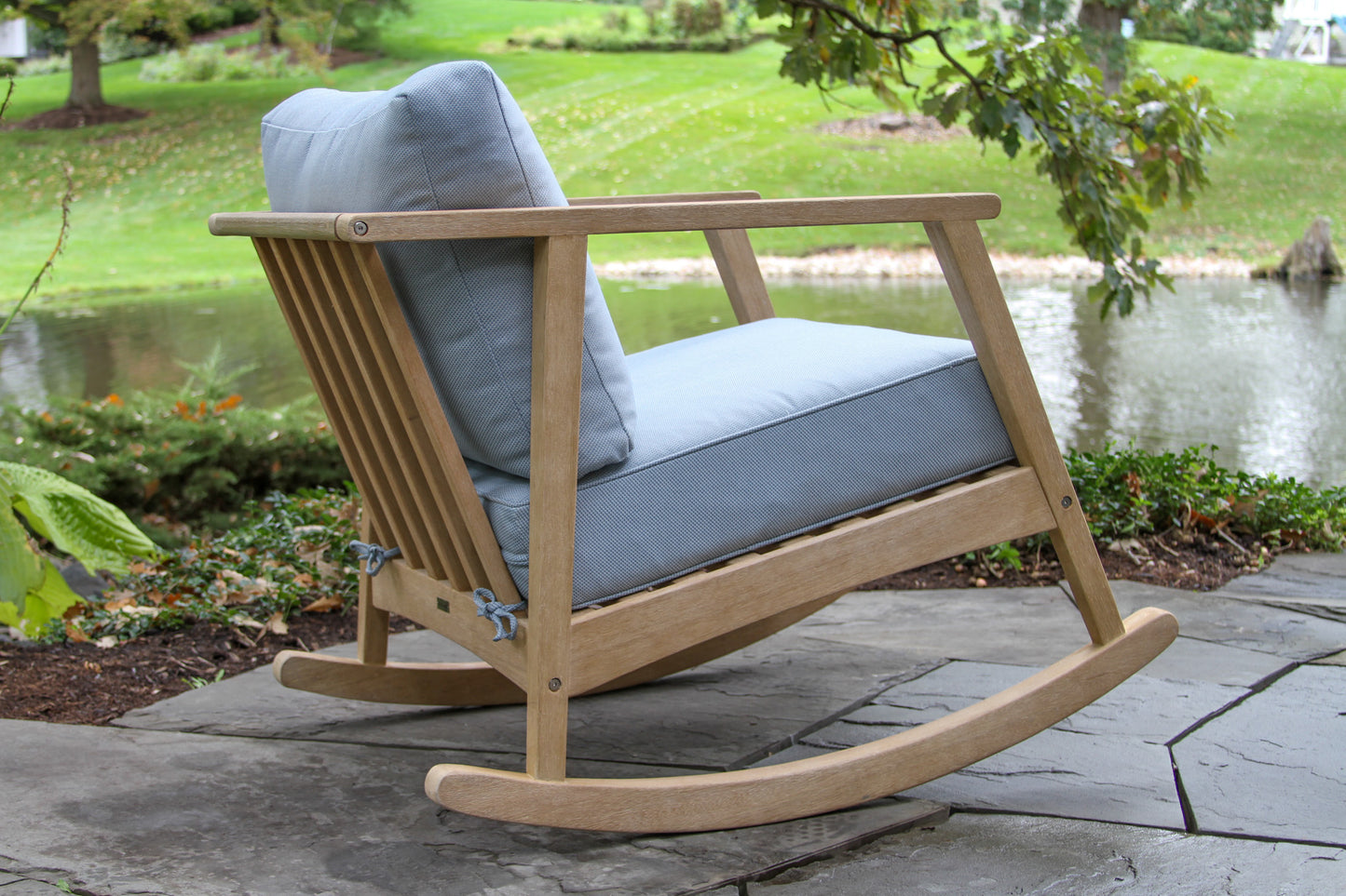 Antique Wash Outdoor Eucalyptus Rocking Chair w Blue Cushions