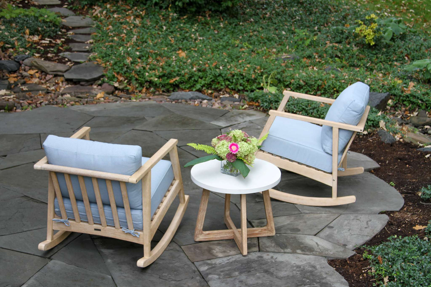 Antique Wash Outdoor Eucalyptus Rocking Chair w Blue Cushions