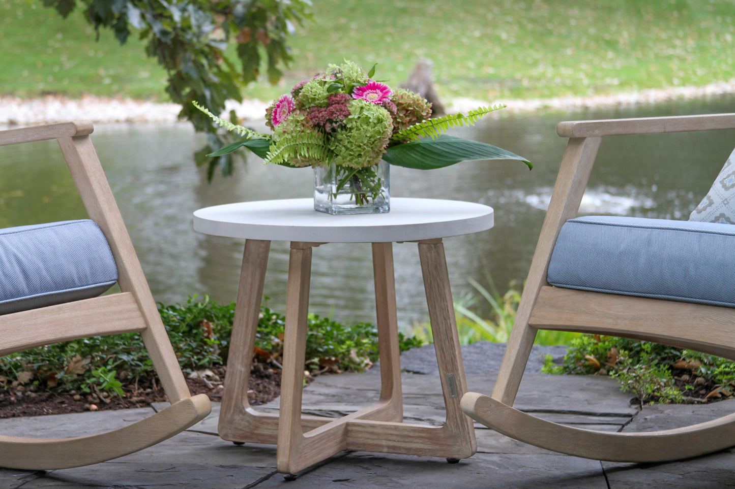 Antique Wash Outdoor Eucalyptus Rocking Chair w Blue Cushions
