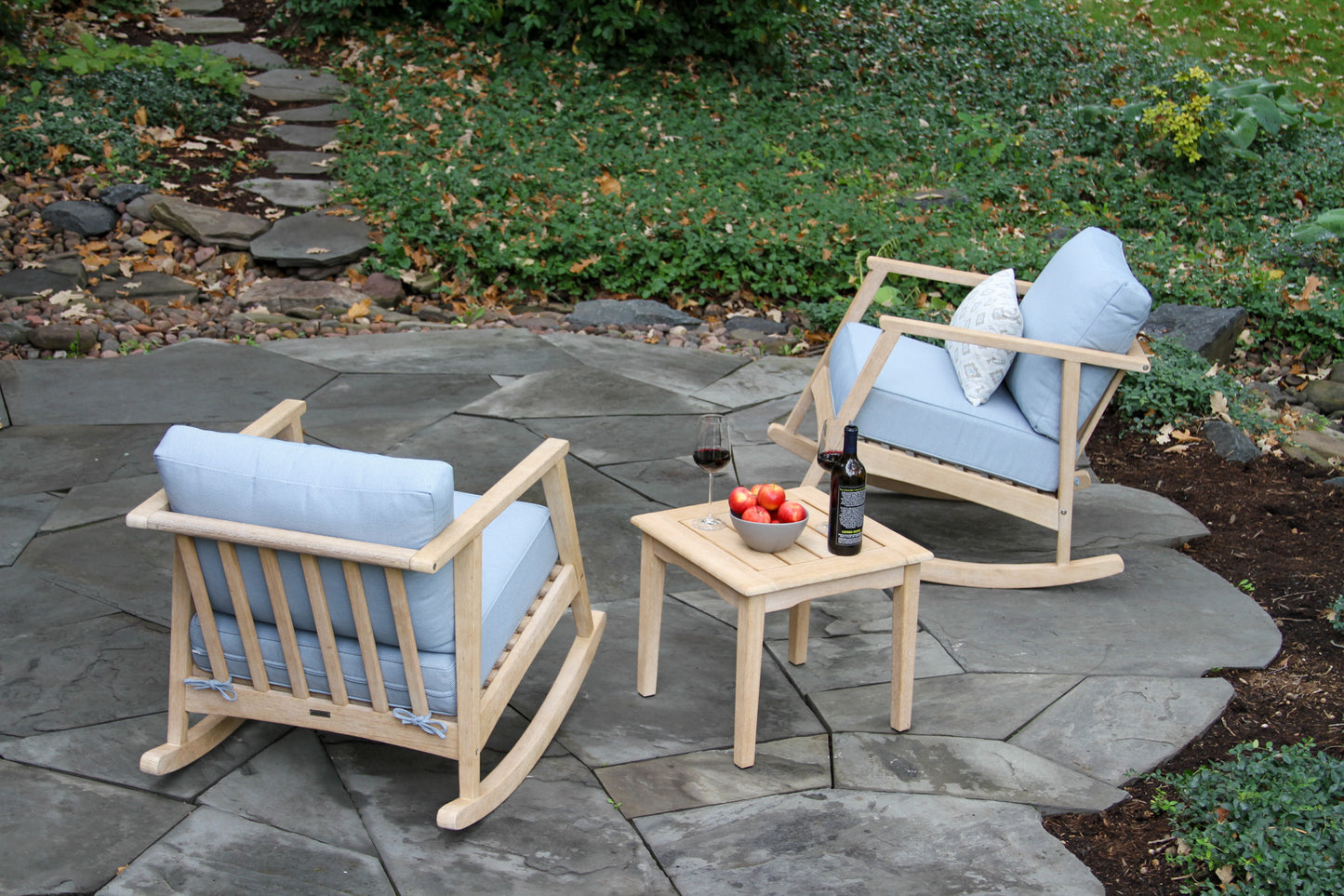 Antique Wash Outdoor Eucalyptus Rocking Chair w Blue Cushions