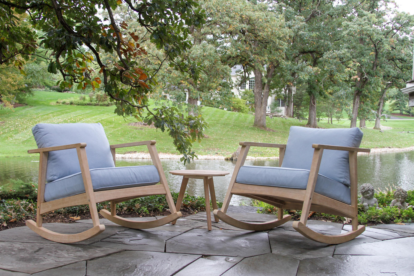 Antique Wash Outdoor Eucalyptus Rocking Chair w Blue Cushions